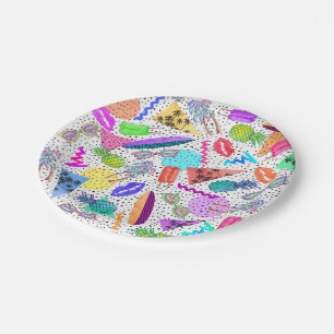 Retro 80's 90's Summer Beach Collage Pattern Paper Plates