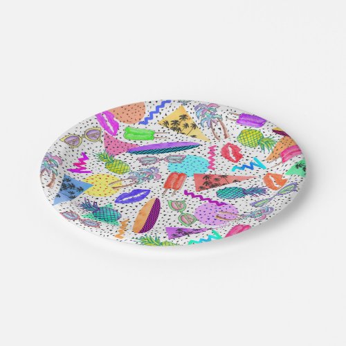 Retro 80s 90s Summer Beach Collage Pattern Paper Plates