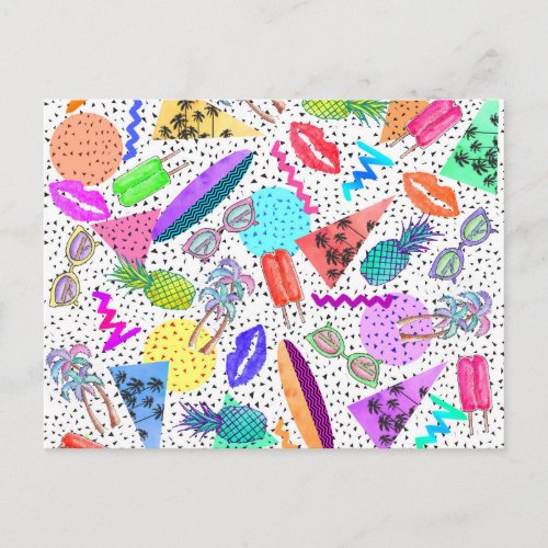 Retro 80s 90s Summer Beach Collage Pattern Postcard