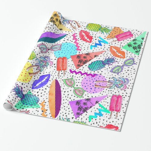 Retro 80s 90s Summer Beach Collage Pattern Wrapping Paper