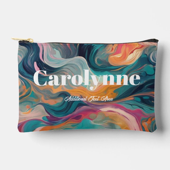 Retro 80s Abstract Swirl Teal & Orange Accessory Pouch (Front)