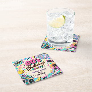 Retro 80s Birthday Square Paper Coaster