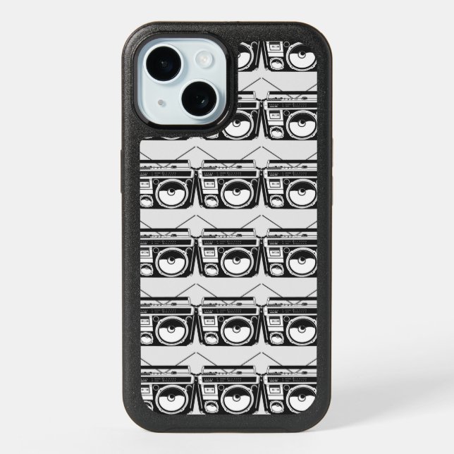 Retro 80s Boombox Grey Pattern iPhone 15 Case (Back)