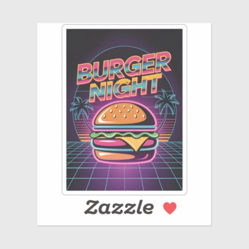 Retro 80s Burger Night Neon Synthwave Palm Trees Sticker