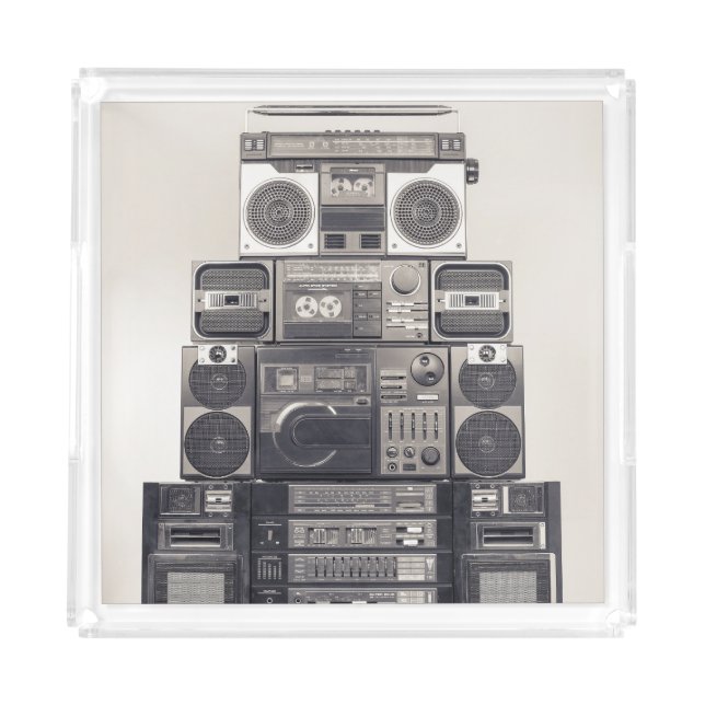 Retro 80s Cassette Recorders Pattern. Acrylic Tray (Front)