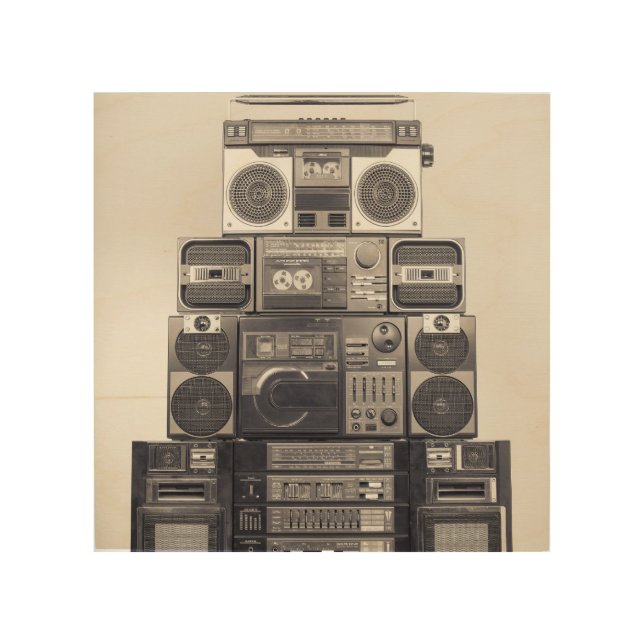 Retro 80s Cassette Recorders Pattern. Wood Wall Art (Front)