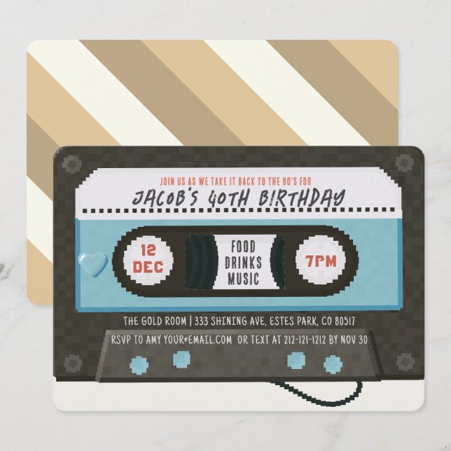 Retro 80's Cassette Tape Music Blue Birthday Invitation (Front/Back)