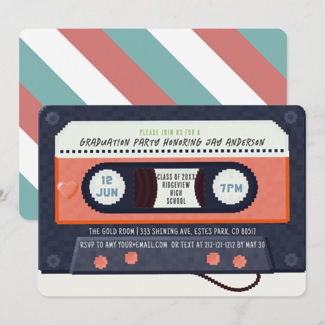 Retro 80's Cassette Tape Music Red Graduation Invitation (Front/Back)