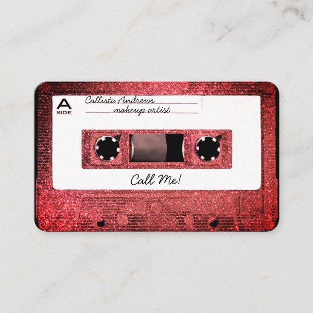Retro 80's Coral Glitter Cassette Tape Mixtape Business Card (Front)