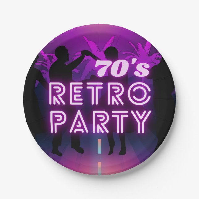 Retro 80s Disco Dance Party Neon Purple Funky Paper Plates (Front)