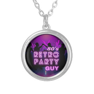 Retro 80s Disco Dance Party Neon Purple Funky Silver Plated Necklace