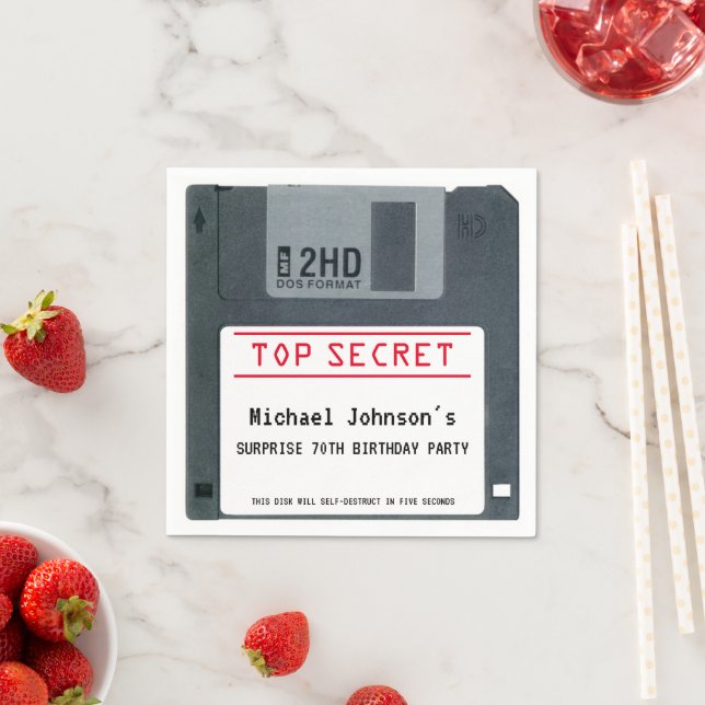 Retro 80s Diskette Top Secret 70th Birthday Party Napkins (Insitu)