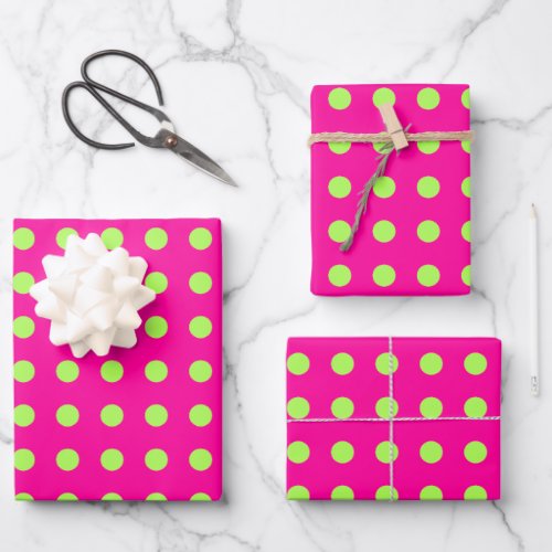 Retro 80s Dots Pattern in Hot Pink and Chartreuse Wrapping Paper Sheets