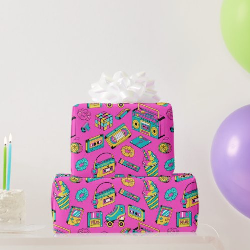 Retro 80s Fun Neon Pink Bright Music Pattern Girly Wrapping Paper