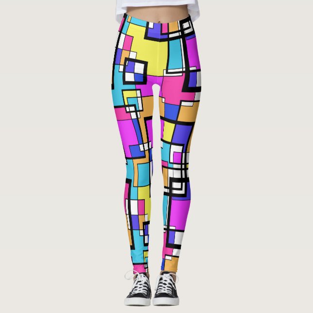Retro 80's Geometric Colorful Shapes Leggings (Front)