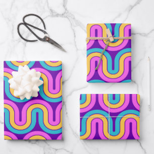 Retro 80s Geometric Gradient Wave Design Wrapping Paper Sheets