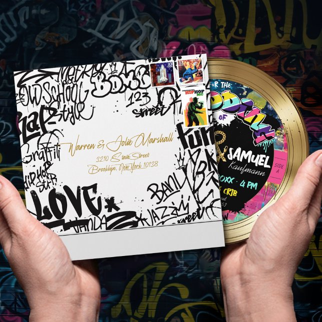 Retro 80s Hip Hop Graffiti Wedding Invite Envelope (Retro Black & white 80's Hip Hop graffiti love gold record album square wedding invitation envelope)