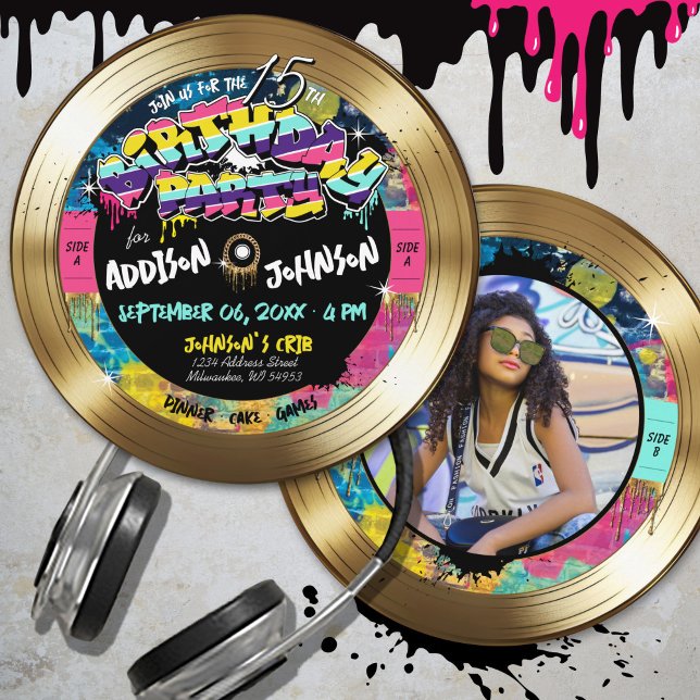 Retro 80s Hip Hop Photo Gold Record Birthday Party Invitation (Totally 80's graffiti music theme gold vinyl record black, hot pink photo birthday party invitation)