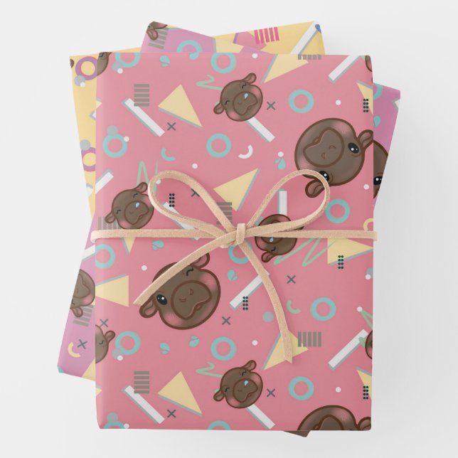 Retro 80's Hippo Wrapping Paper Sheets (In situ)