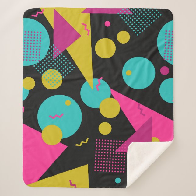 Retro 80s Memphis Geometric Design Sherpa Blanket (Front)