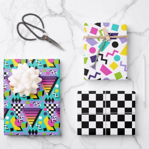 Retro 80s Memphis Style Geometric and Checkered Wrapping Paper Sheets