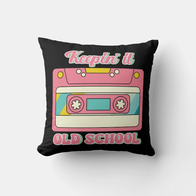 Retro 80s Mix Tape Old School Tech Nostalgia Pink Throw Pillow (Front)