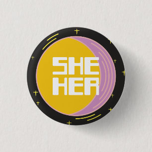 Retro 80s Moon She/Her Pronouns Button
