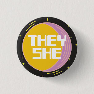 Retro 80s Moon They/She Pronouns  Button