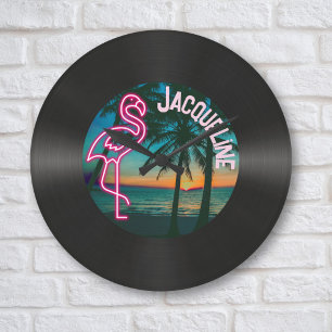 Retro 80s Music Record Tropical Neon Flamingo  Large Clock