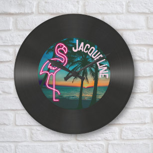 Retro 80s Music Record Tropical Neon Flamingo  Large Clock