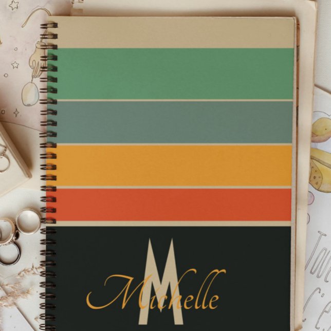 Retro 80s Navy Blue & Pink Stripe Pattern Monogram Notebook (Creator Uploaded)