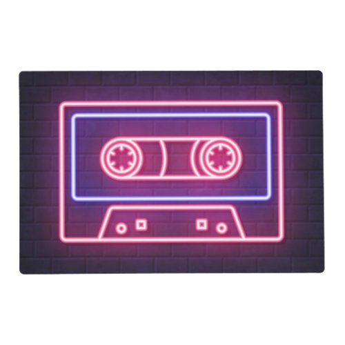 Retro 80s Neon Audio Cassette Tape Glowing  Placemat