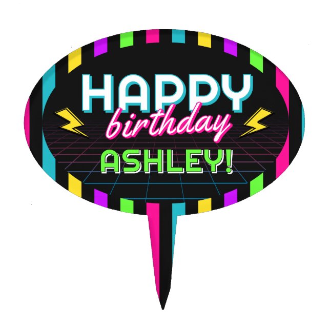 Retro 80s Neon Birthday Cake Topper (Front)
