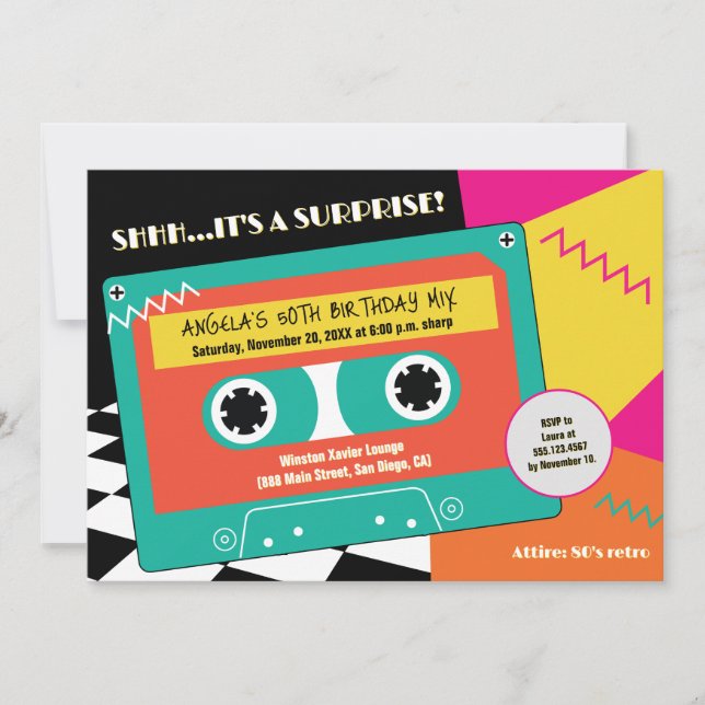 Retro 80s Neon Cassette Surprise 50th Birthday Invitation (Front)