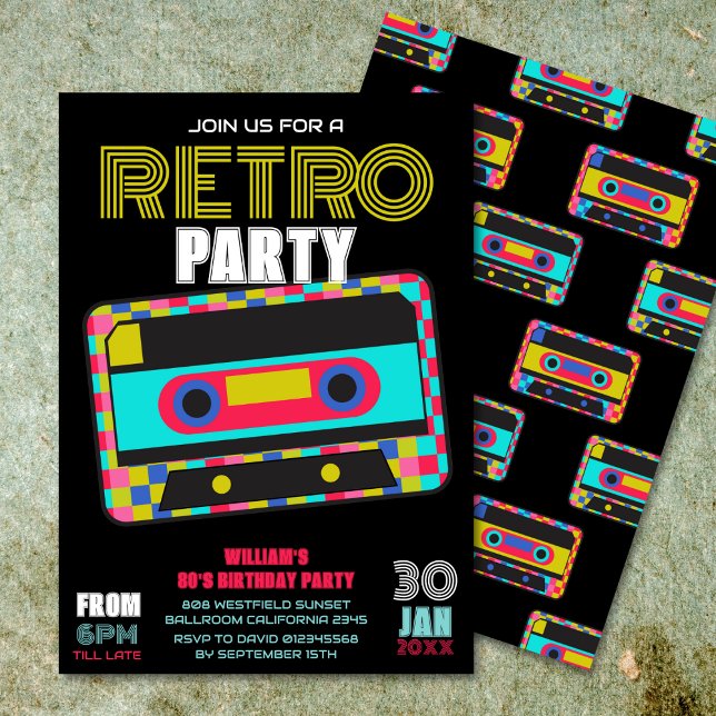 Retro 80s Neon Cassette Tape Birthday Dance Party Invitation (Creator Uploaded)