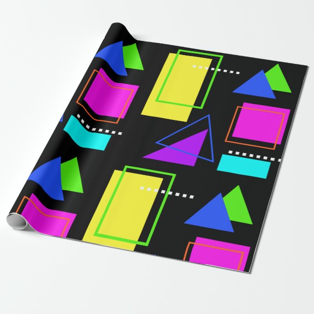 RETRO 80S NEON FLUORO COLOR GEOMETRIC SHAPE PRINT WRAPPING PAPER (Unrolled)