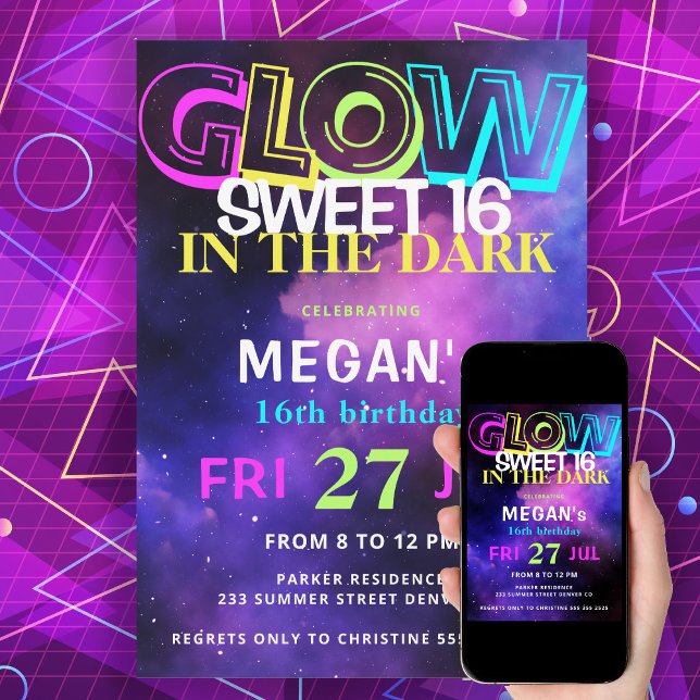 Retro 80s neon glow in the dark Sweet 16 party Invitation (Creator Uploaded)