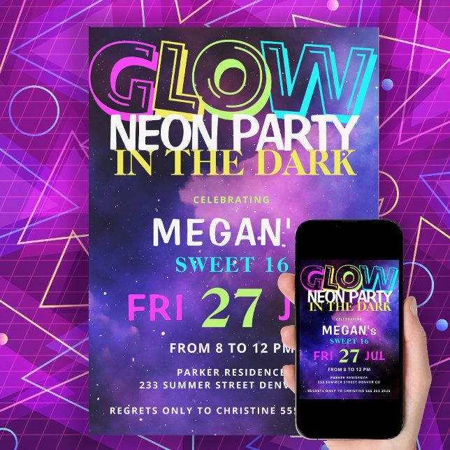 Retro 80s neon glow in the dark Sweet 16 party Invitation (Creator Uploaded)