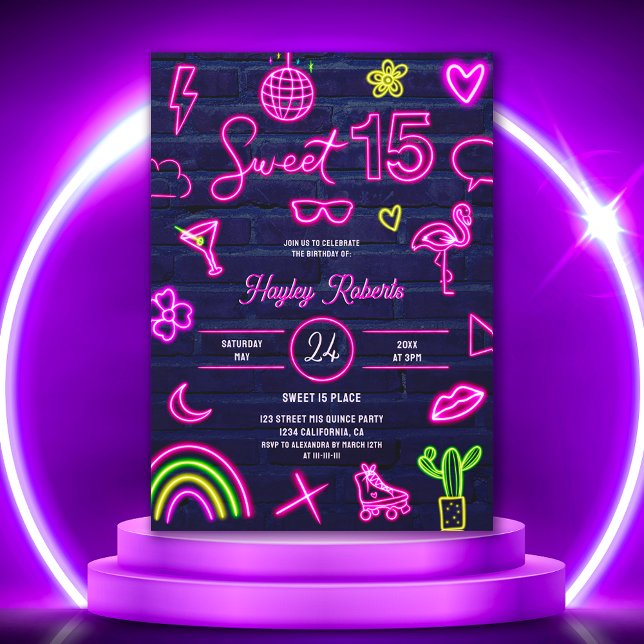 Retro 80s neon laser glow Sweet 15 navy blue brick Invitation (Creator Uploaded)