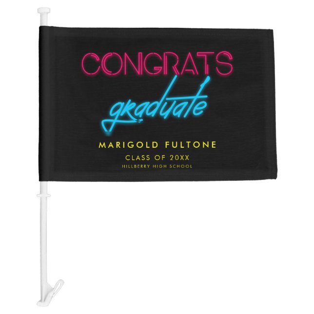 Retro 80s Neon lights Congratulations graduate Car Flag (Front)