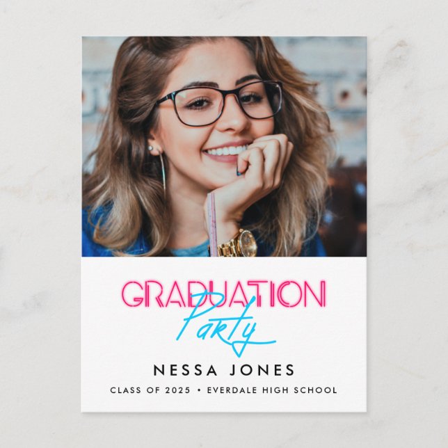Retro 80s neon lights graduation party photo postcard (Front)
