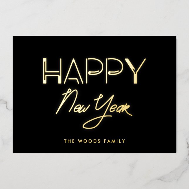 Retro 80s Neon lights Happy New Year Foil Holiday Card (Front)