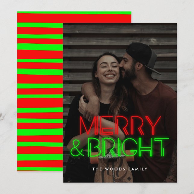 Retro 80s Neon Lights Merry & Bright Photo Holiday Card (Front/Back)