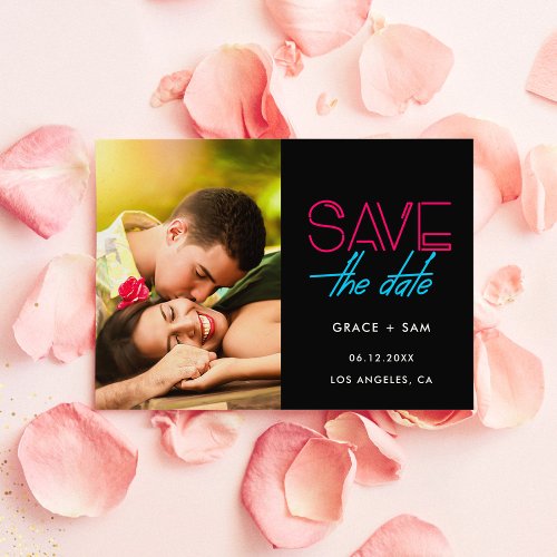 Retro 80s Neon lights Save the date photo Announcement