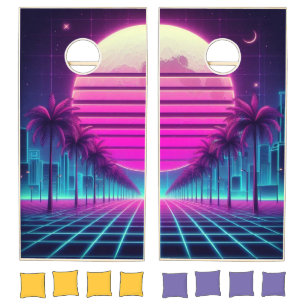 retro, 80s neon moon/palms cornhole set