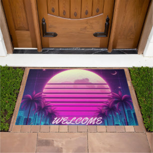 retro, 80s neon moon/palms doormat
