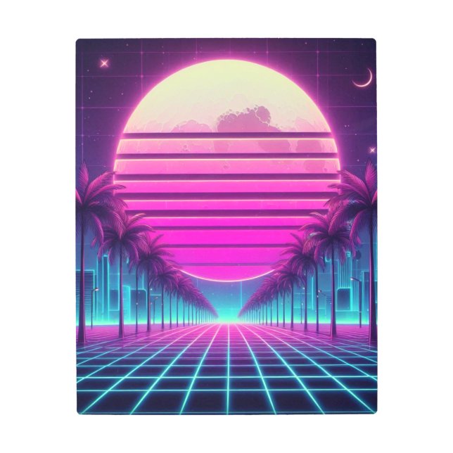 retro, 80s neon moon/palms metal print (Front)