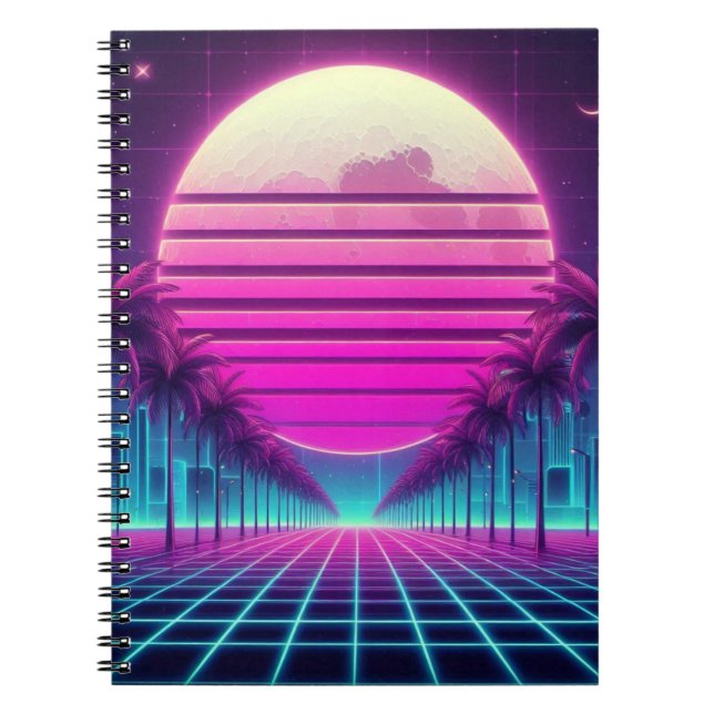 retro, 80s neon moon/palms notebook (Front)