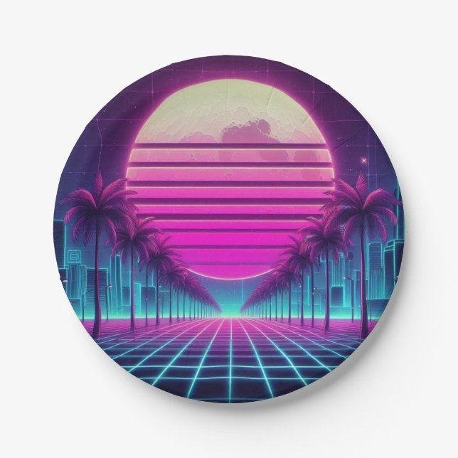 retro, 80s neon moon/palms paper plates (Front)