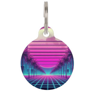 retro, 80s neon moon/palms pet ID tag